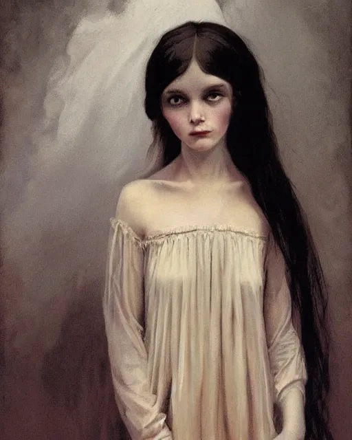 Image similar to a beautiful and eerie baroque painting of a beautiful but creepy girl in layers of fear, with haunted eyes and dark hair piled on her head, 1 9 7 0 s, seventies, wallpaper, a little blood, morning light showing injuries, delicate embellishments, painterly, offset printing technique, by brom, robert henri, walter popp