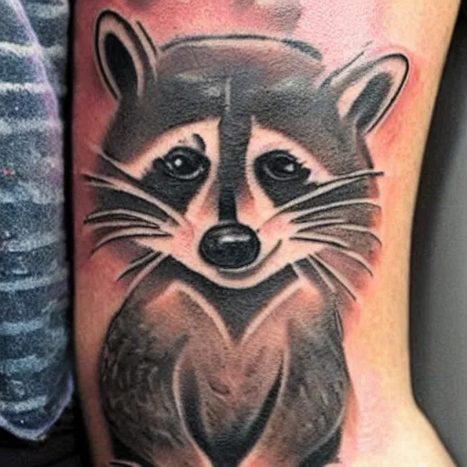 Prompt: tattoo of a raccoon landlord evicting a crying tenant