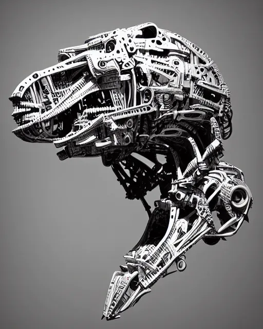 Prompt: mechanical robot trex transformer dinosaur head, bold line symmetrical illustration by peter gric, hr giger, kim jung gi, joe fenton, scifi, screen print, art station, zbrush, sharp, high contrast, ultrafine hyper detailed,