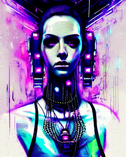 Image similar to detailed portrait of Punk girl, standing hair line, chains, pierced, tattoed Sheen Holographic Futuristic sci-fi fashion cyberpunk, (neotokyo), synthwave, (aesthetics), futuristic, bladerunner movie scene by ismail inceoglu dragan bibin hans thoma greg rutkowski Alexandros Pyromallis Nekro Rene Margitte illustrated Perfect face, fine details, realistic shaded, fine-face, pretty face sharp chine