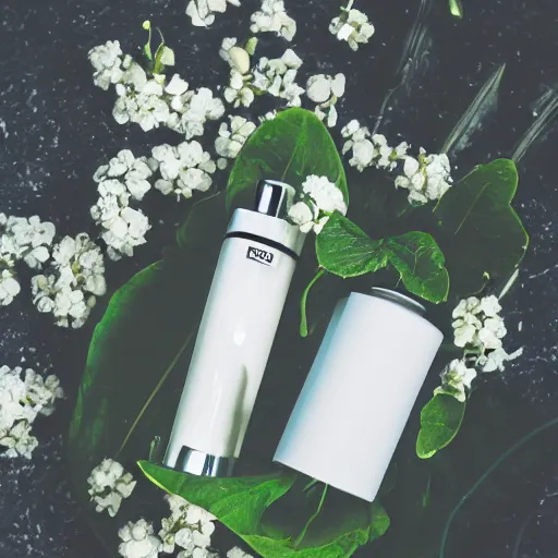 Image similar to centered white perfume bottle lying in a dark bed of leafy - greens and white flowers, illumination lighting, sharp focus, vogue