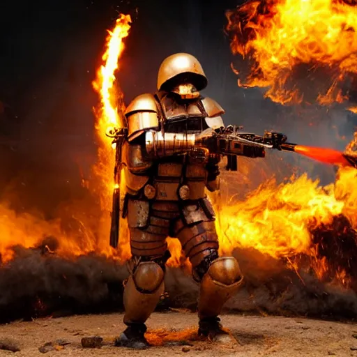 Image similar to angry man in juggernaut armor burning a desktop tower pc with a military flamethrower