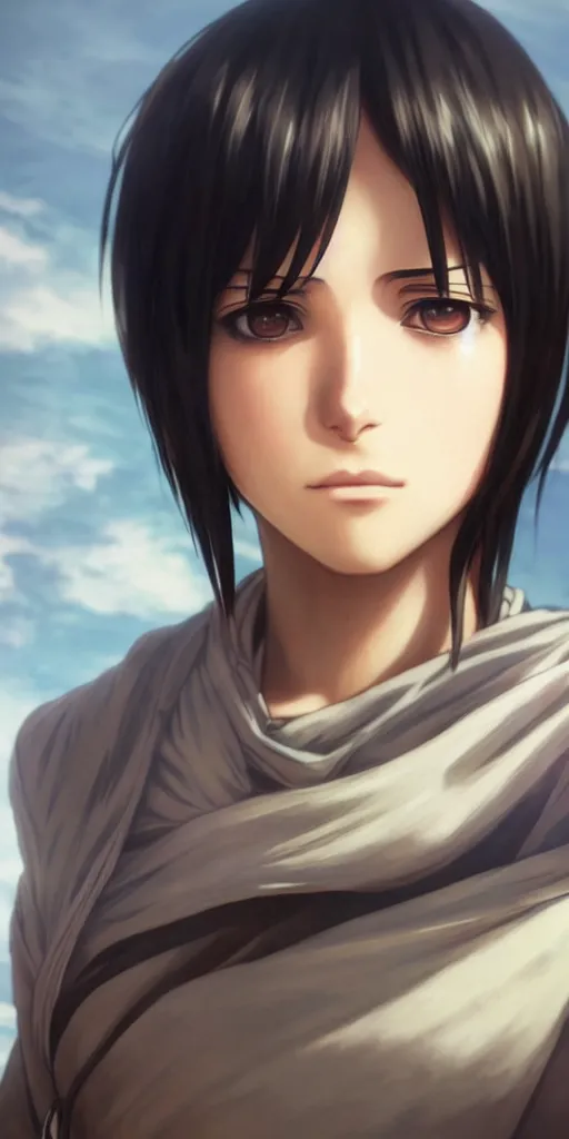 Image similar to mikasa ackerman, hero pose, medium shot, bokeh, beautiful face!!!!, 2 7 years old, cg animation, lifelike, animated, realistic, character select portrait, by artgerm, greg rutkowski, alphonse mucha, 3 d