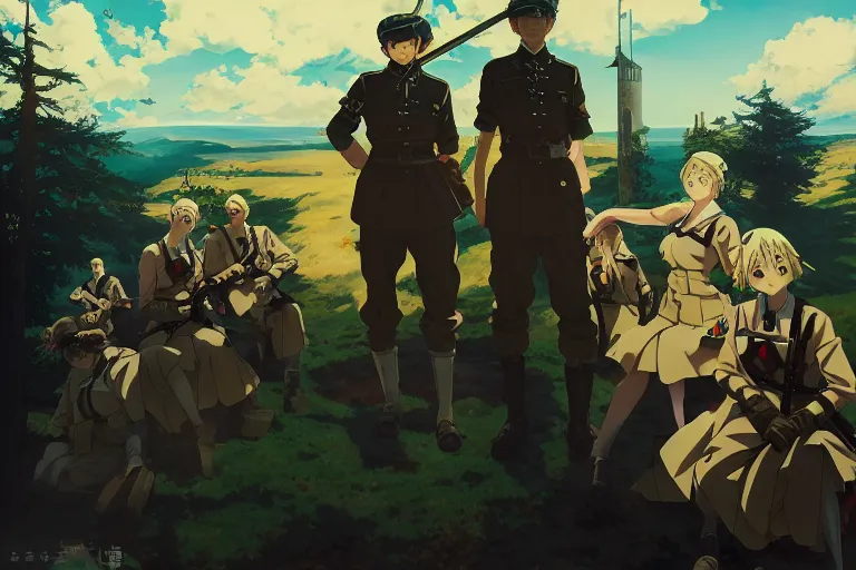 Image similar to anime key visual of high fantasy and world war 2 germany with anime maids as soldiers, dictator fascist nationalist propaganda poster, style of jamie wyeth james gilleard edward hopper greg rutkowski acrylic painting, preserved museum piece, historical