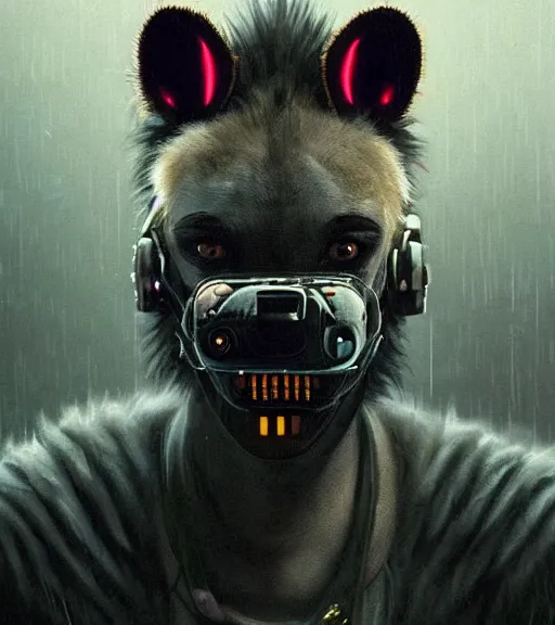 Image similar to new york city portrait of furry anthro anthropomorphic spotted hyena head animal person fursona wearing clothes strange cybernetic muzzle gloomy rainy screenshot from the video game cyberpunk 2077 digital art by Greg Rutkowski, Simon Stalenhag, christopher nolan trending on Artstation, CGSociety