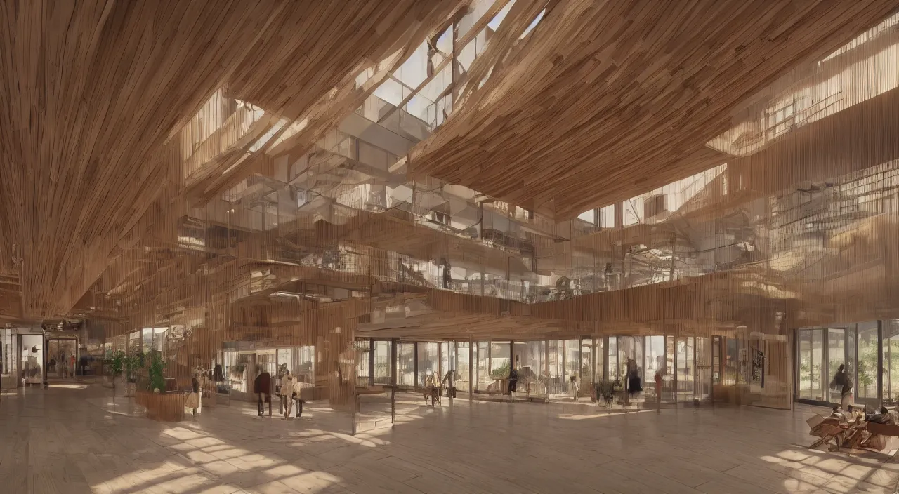 Image similar to multistory museum lobby clad in wood, bright with large windows and voluminous light and light rays, extremely intricate, very detailed, artstation, octane render, warm color highlights, cinematic lighting