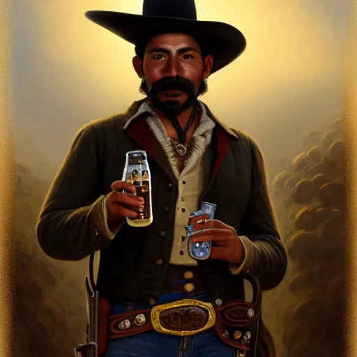 Image similar to illustration of a mexican man, missing one front teeth, with one small, dirt, wild west, with hat drinking a beer on train station, fantasy, intricate, elegant, highly detailed, digital painting, artstation, concept art, matte, sharp focus, art by aenaluck and roberto ferri and greg rutkowski, epic, juan caloto,