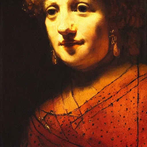 Prompt: rembrandt - inspired portrait of a woman set against a fauvist background. the woman's face is illuminated by a warm, golden light, and her gaze is directed upward, as if she is lost in thought. the background is composed of geometric shapes and clean lines, creating a contrast with the woman's more organic features. the overall effect is one of harmony