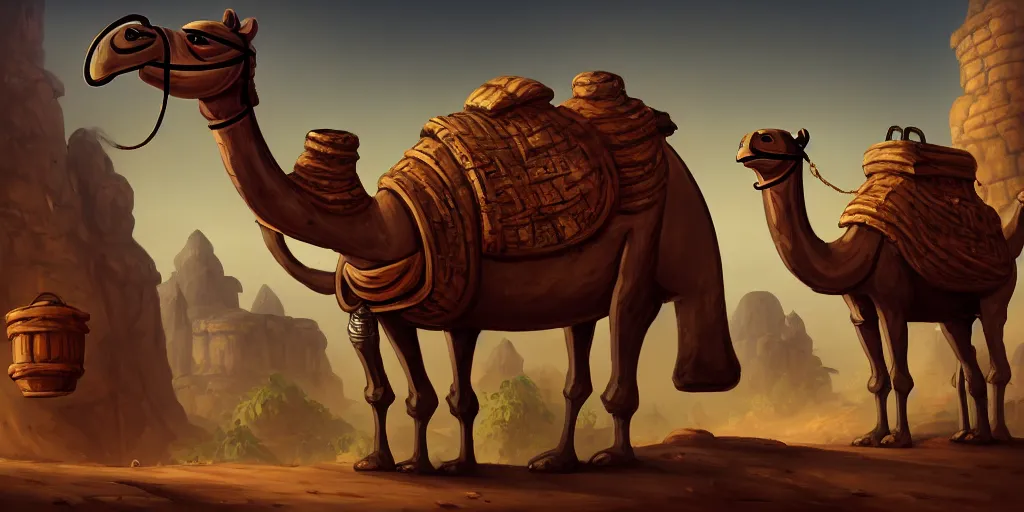 Image similar to an anthropomorphic camel that is a merchant, village trader, caves of qud, matte oil painting, retrofuturistic, concept art, science fantasy, post - apocalyptic, mutant, rpg, epic, rust, salt, plants, dungeons & dragons, toxic, sharp focus, award - winning, extremely detailed, 4 k, 8 k