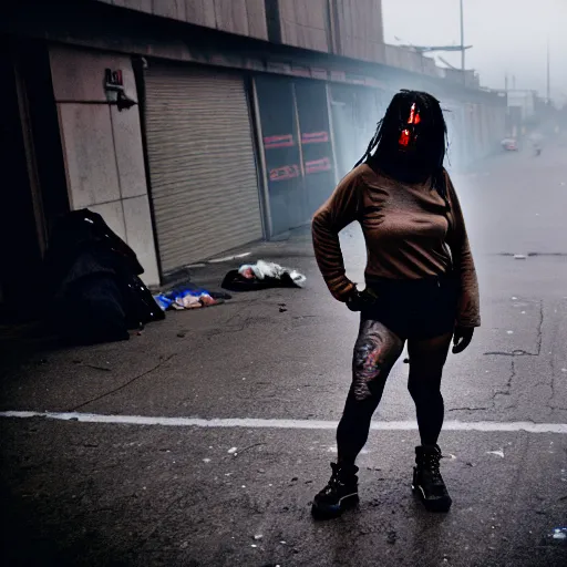 Image similar to Cinestill 50d candid extreme wide shot of a poor techwear mixed woman wearing makeup crying outside of a futuristic city on fire, cyberpunk, tattoos, homeless tents on the side of the road, military police, extreme long shot, desaturated, full shot, action shot, blurry, 4k, 8k, hd, full color