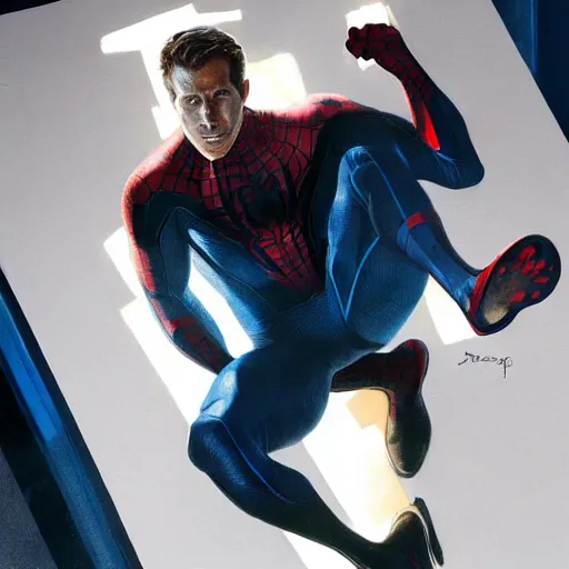 Image similar to ryan reynolds as spider - man, wearing a black and blue suit, cinematic, volumetric lighting, f 8 aperture, cinematic eastman 5 3 8 4 film, photorealistic by greg rutkowski, by stanley artgerm, by alphonse mucha