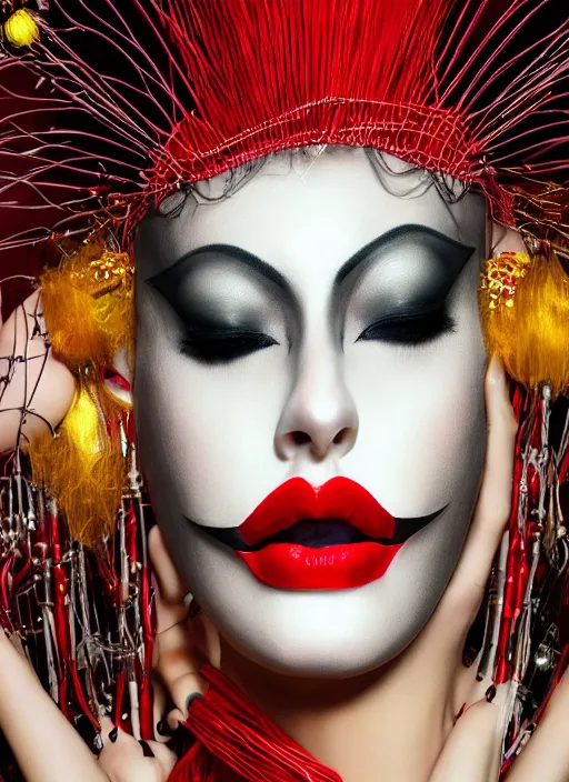 Image similar to a close up portrait of a woman with dark eye - shadow and red lips with dark slicked back hair, a mask made of wire and beads, dreaming acid - fueled hallucinations, psychedelic by serge lutens, rolf armstrong, delphin enjolras, peter elson, red cloth background, frilled blooming collar