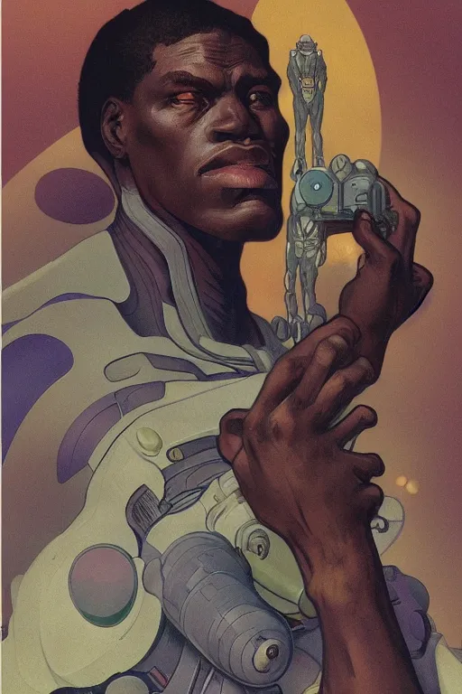 Prompt: upper body portrait of giant african man with a muscular neck wearing a scifi dune spacesuit, nebula in the background, illustration by normal rockwell and alphonse mucha, artstation character concept art