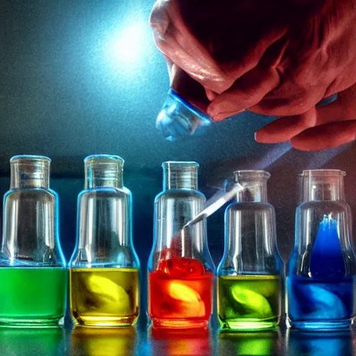 Image similar to a wizard mixing bottles of colored liquids in laboratory, photorealistic, cinematic lighting, highly detailed
