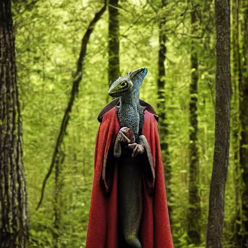 Image similar to medieval cloak wearing anthro lizard, photograph captured in the woods