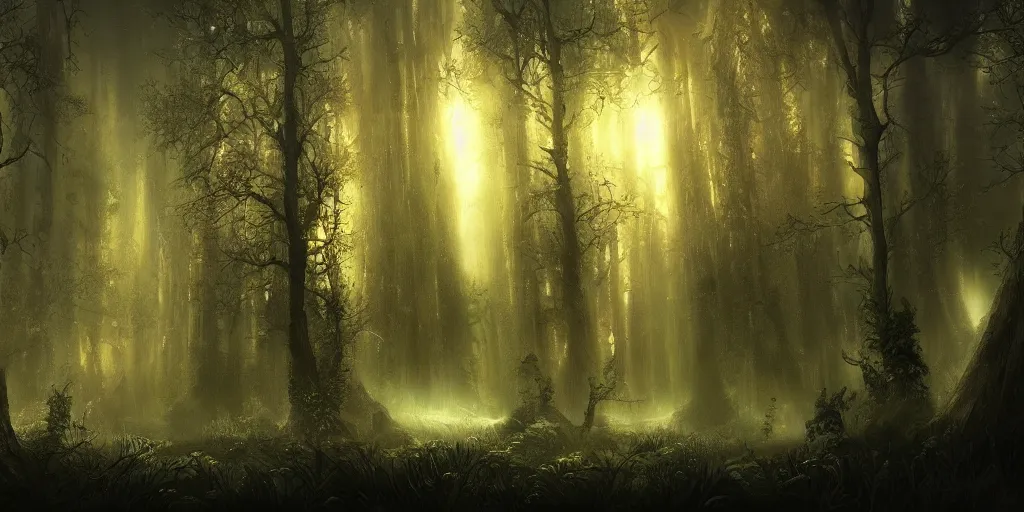 Image similar to beautiful matte painting of a fantasy dark forest at night