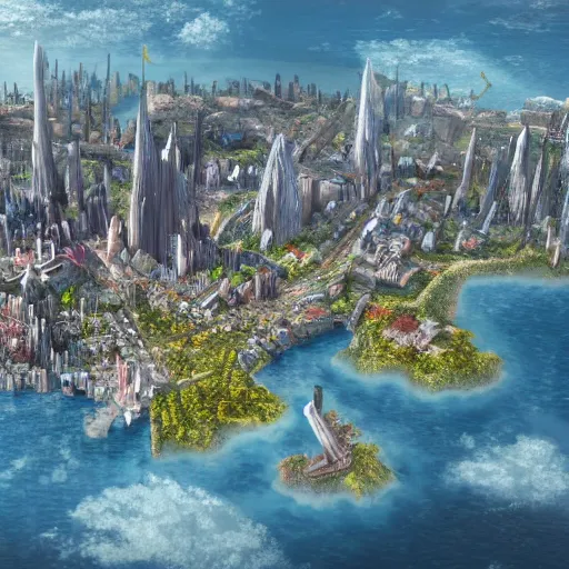 Prompt: Large Fantasy City in the middle of an island in the ocean, concept art, matte painting, birds eye view, city plans