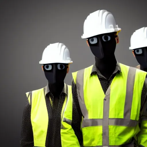 Image similar to tall shadowy faceless creatures with long limbs wearing hard hats