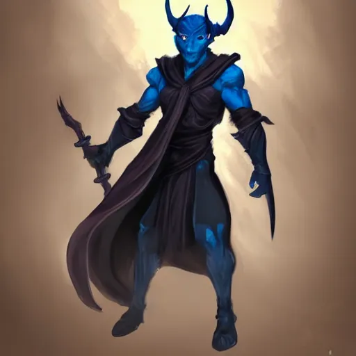 Image similar to D&D character concept art of a cloaked tiefling, tiefling rogue, blue skin color with short horns and a devil tail, fighting pose of a Rogue holding daggers, black cloak hidden in shadows, full body pose, soft colors, fantasy, intricate, elegant, highly detailed, digital painting, artstation, concept art, smooth, sharp focus, illustration, wide angle shot, full body visible, art by artgerm and H R Giger and alphonse mucha