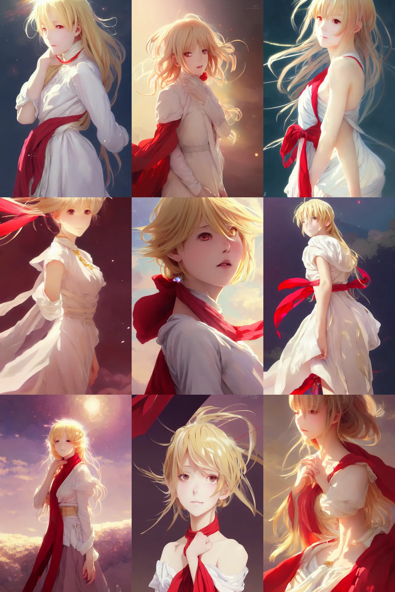 Prompt: anime girl of the future, light gold hair, splendid white 18th century dress, red scarf, triangle prisms, body portrait, slight smile, windy, highly detailed, digital painting, artstation, concept art, sharp focus, illustration, art by WLOP and greg rutkowski and alphonse mucha and artgerm and yanjun chen