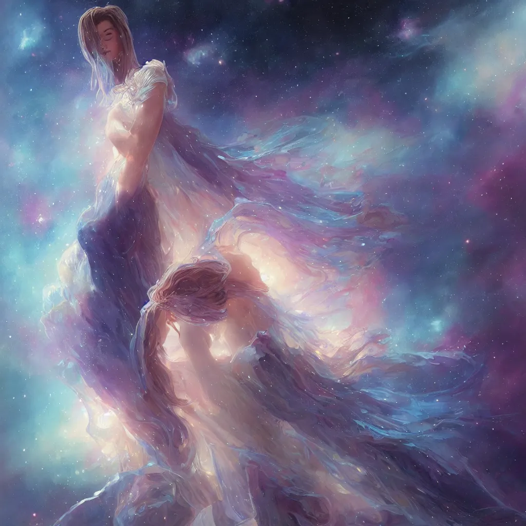 Image similar to girl wearing a dress made out of the nebula, ultra realistic illustration, alanis guillen, intricate, elegant, highly detailed, digital painting, artstation, concept art, smooth, sharp focus, illustration, art by artgerm and greg rutkowski and alphonse mucha