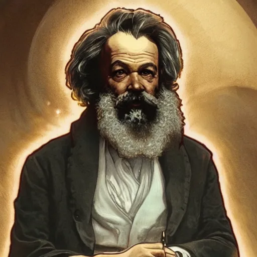 Image similar to portrait of Karl Marx pondering his orb, highly detailed, digital painting, artstation, concept art, smooth, sharp focus, illustration, art by magalie villeneuve and alan lee and artgerm and greg rutkowski and alphonse mucha