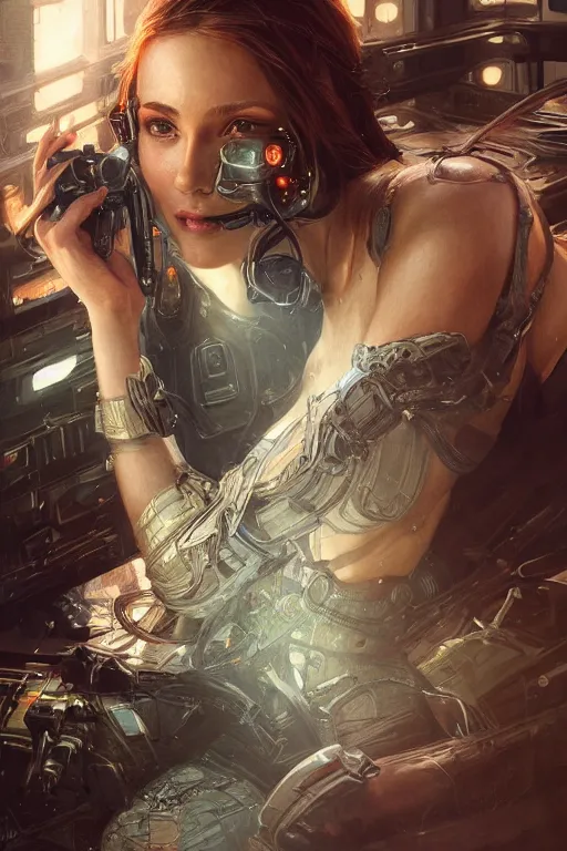 Image similar to ultra realistic illustration, dappled lighting, closeup portrait shot, perfect lighting, hacknaut cyberpunk, sci - fi, fantasy, intricate, elegant, deviantart, highly detailed, digital painting, artstation, concept art, smooth, sharp focus, illustration, art by artgerm and greg rutkowski and alphonse mucha