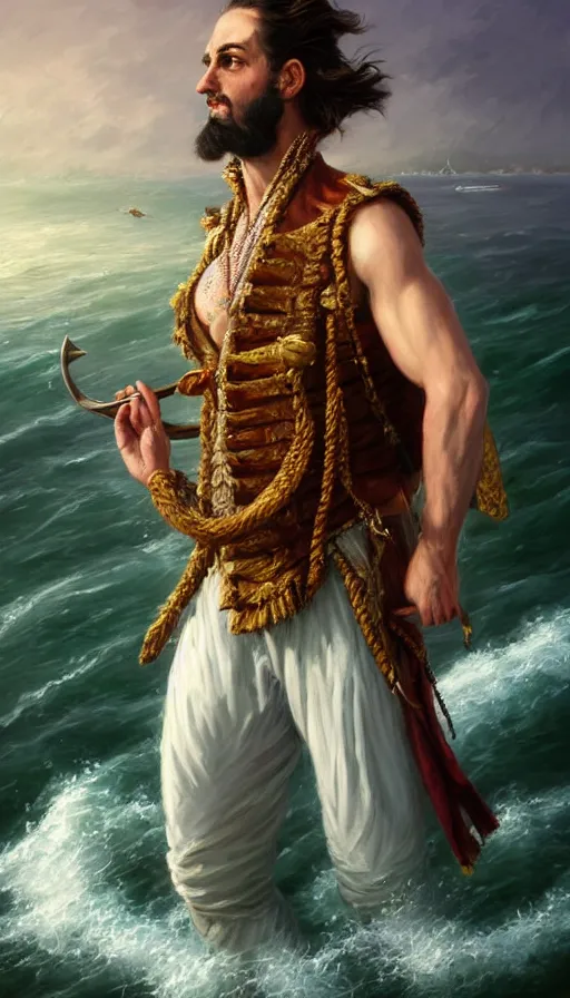 Image similar to elegant corsaire captain, stern look, late xix century commodore vest, full body portrait xix immpresionist paint, wild ocean background, highly detailed, digital painting, artstation, concept art, sharp focus, illustration, art by Artgerm, Grafit Studio, and Greg Rutkowski, Craig Mullins, Stanley Artgerm Lau, WLOP, Ross tran, James Jean, Andrei Riabovitchev, Marc Simonetti, magic the gathering, trending on ArtStation, digital art - W 640