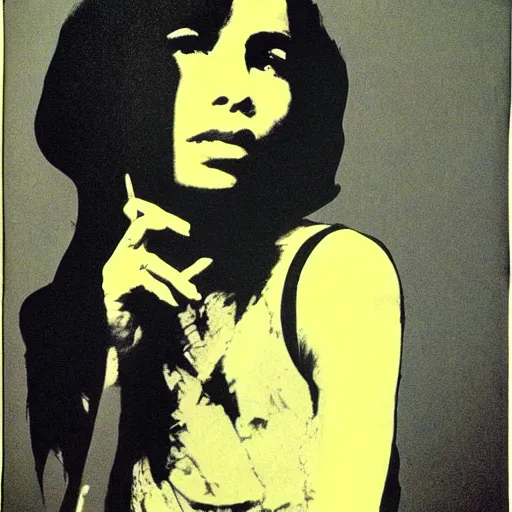 Image similar to screenprint solarized portrait of zoe kravitz by andy warhol