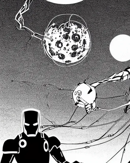 Image similar to black and white sad iron man with wires on hands on the destroed moon, iron man eat banana, wires earth background, by tsutomu nihei