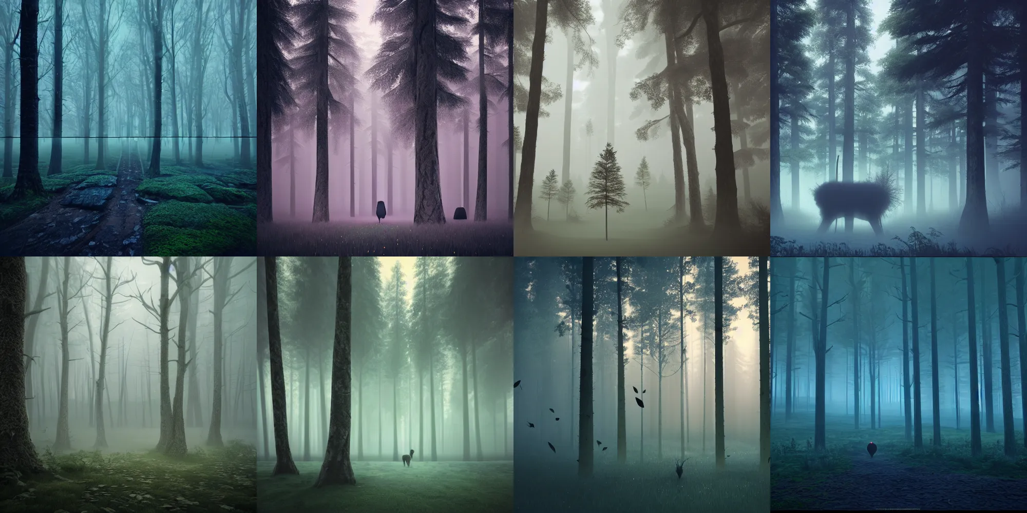 Prompt: beautiful dark foggy forest landscape, creatures in the fog, in the style of beeple and Mike Winkelmann, photo real, ultra realistic, intricate, epic lighting, 8k resolution, unreal engine 5, ultraviolet colors,