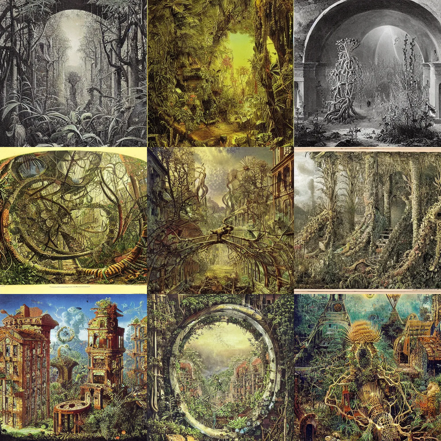 Prompt: nature is claiming back an abandoned city. painting by ernst haeckel.