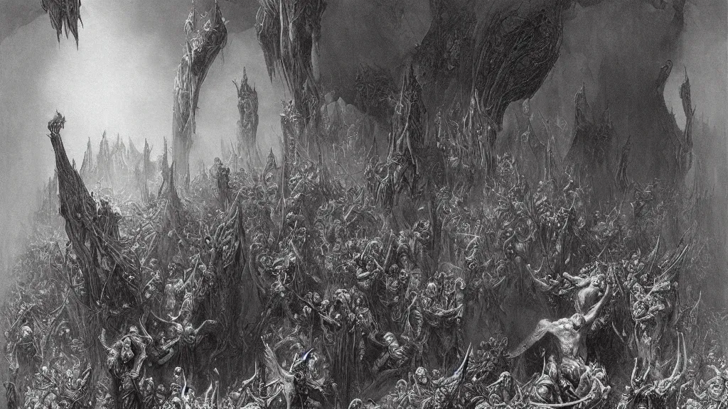 Prompt: satans fall from paradise into hell by gustave dore, james ryman, wayne barlowe. muted color