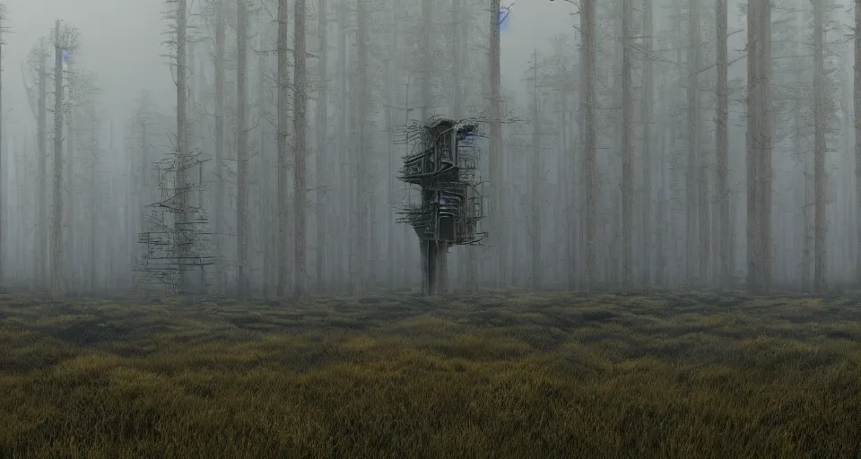 Image similar to Derelict Radio Tower in a pine forest landscape, very foggy and hazy, rendered by zdzisław beksiński, simon stålenhag, Beeple, environment concept, digital art, starwars, unreal engine, 3 point perspective, WLOP, trending on artstation, low level, 4K UHD image, octane render,