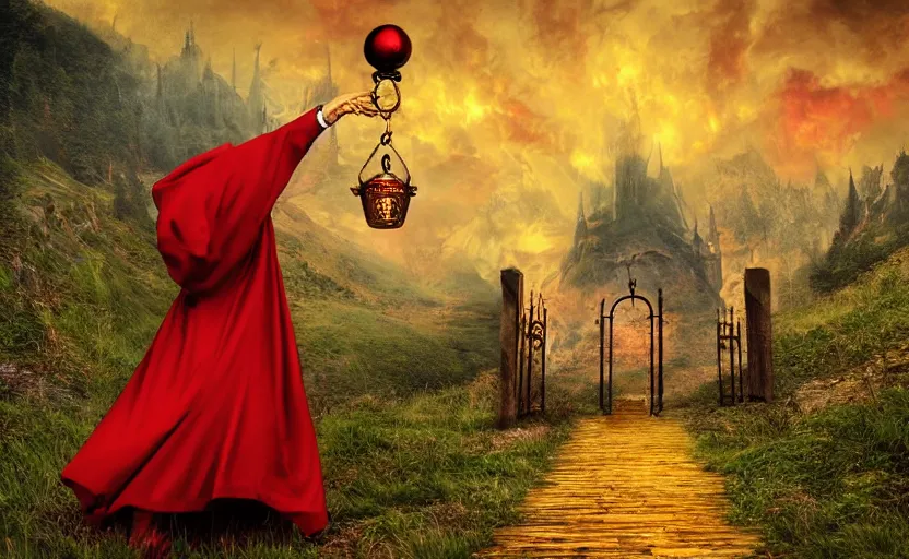 Prompt: red hooded mage holding a golden bell by the gate to the 7 th realm, mindblowing, landscape art, ominous,