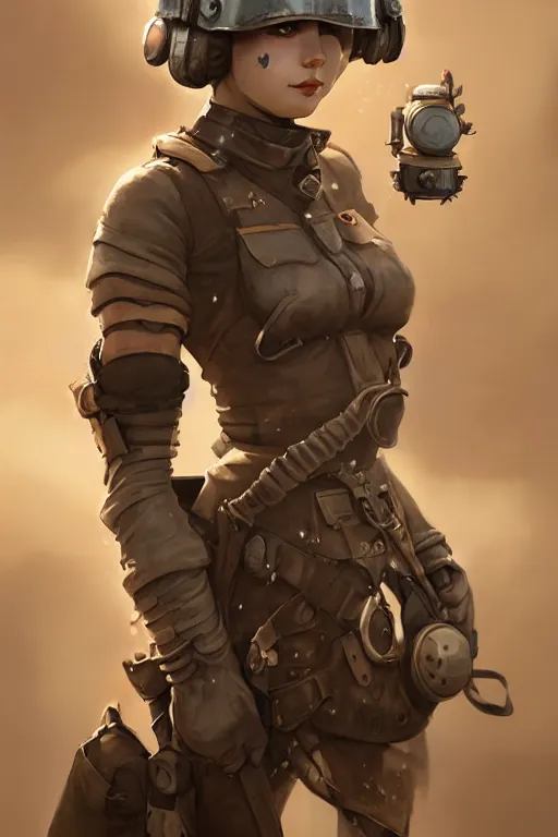 Image similar to dieselpunk soldier girl, helmet, shoulders, chest, portrait, desert, armored, highly detailed, sharp focus, art, illustrations by wlop and ayanamikodon and irakli nadar and loish and rossdraws, frostbite engine