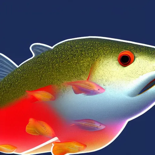 Prompt: 3 d render of a cute trout with a shakespearian collar in an aquarium on a dark blue background, digital art