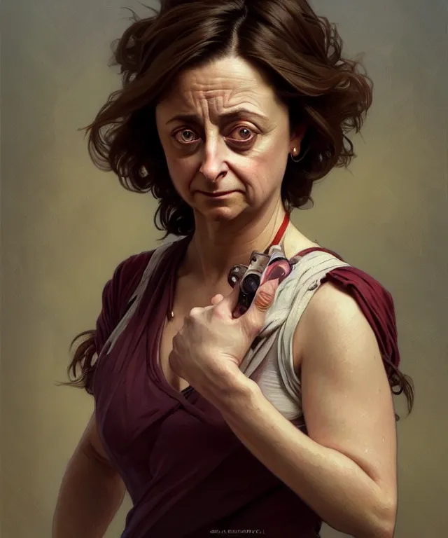 Prompt: portrait of rachel dratch, arms crossed, delivering bad news, intricate, headshot, highly detailed, digital painting, artstation, concept art, sharp focus, cinematic lighting, illustration, art by artgerm and greg rutkowski, alphonse mucha, cgsociety