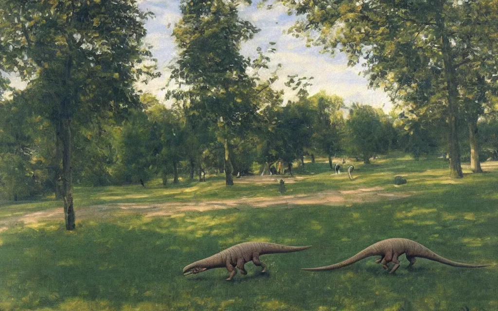 Image similar to a painting of a dinosaur in a park, oil on canvas, by peder kroyer