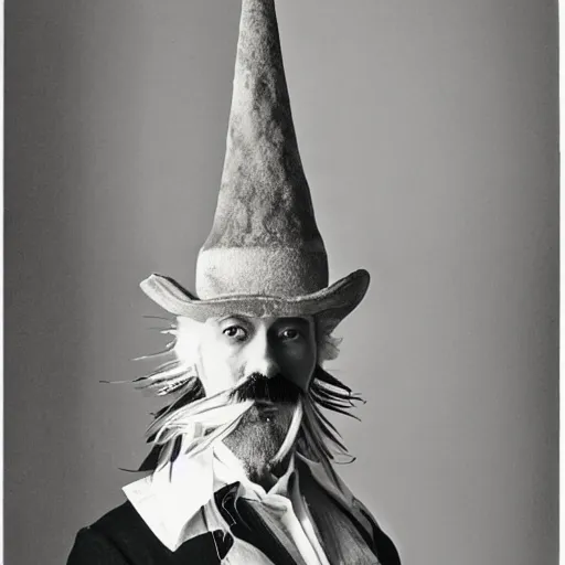 Prompt: Tall man with and goatee beard and wearing flamboyant hat in the style of Salvador Dali