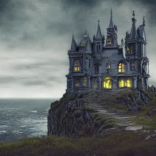 Image similar to The edge of the world, gothic art, color, eerie, horror, scary, ominous, 8k, highly detailed