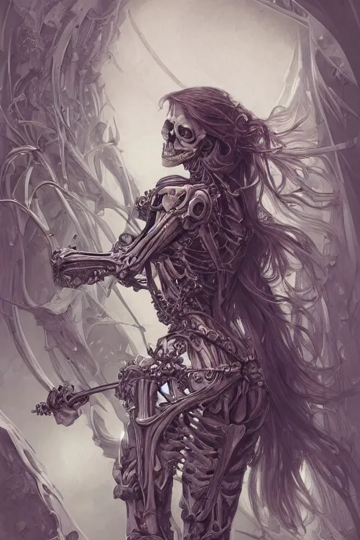 Image similar to skeleton as a heroine, intricate, elegant, highly detailed, centered, digital painting, artstation, concept art, smooth, sharp focus, illustration, art by artgerm and donato giancola and Joseph Christian Leyendecker, Ross Tran, WLOP