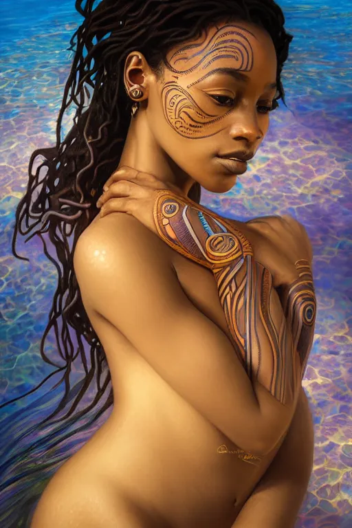 Image similar to body portrait of beautiful nubian ancestral tribal tattooed young pincess, underwater photography full body portrait of a young beautiful woman swimming low angle by terry o'neill intricate, elegant, highly detailed, digital painting, artstation, concept art, smooth, sharp focus, illustration, art by artgerm and greg rutkowski and alphonse mucha, 8 k