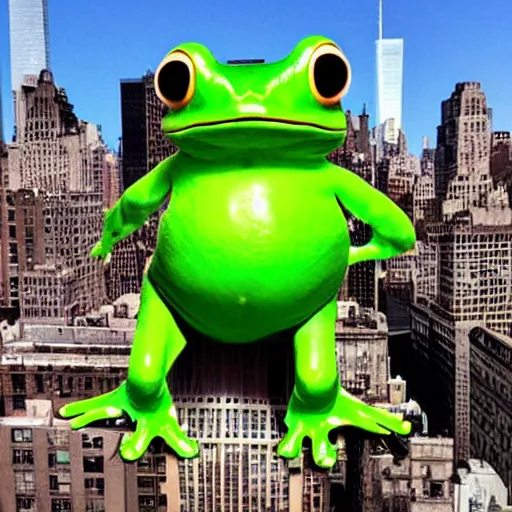 Prompt: giant frog standing over new york city