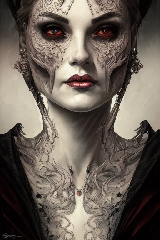 Image similar to portrait of a satanic witch, tattooed face, upper body, decorated, intricate, elegant, highly detailed, digital painting, artstation, concept art, smooth, sharp focus, illustration, art by artgerm and greg rutkowski and alphonse mucha, 8 k