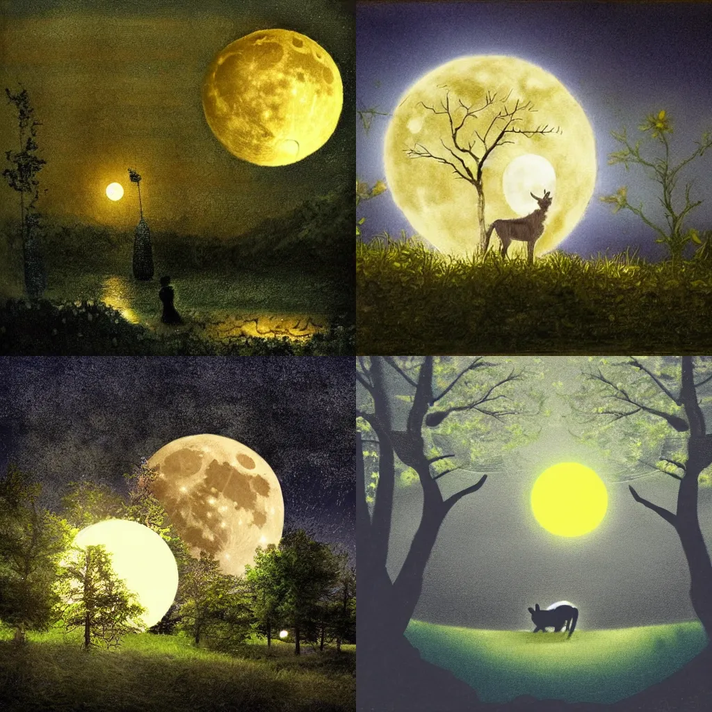 Prompt: a dream of a midsummer night with a full moon whose light illuminates the environment