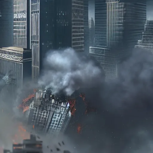 Prompt: godzilla destroying skyscrapers in a large city with helicopters and tanks, smoke and destruction, conecpt art, cinematic, highly detailed, ornate, intricate detail, 4K, realistic, octane render, unreal engine