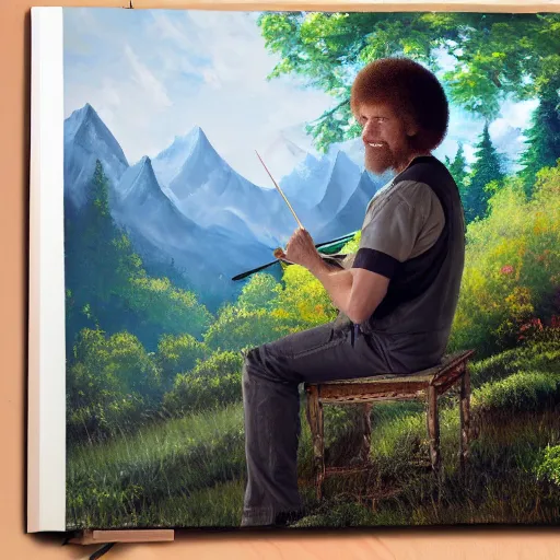 Image similar to a closeup photorealistic photograph of bob ross working on a canvas painting of natalie dormer. film still. brightly lit scene. mountains and trees. this 4 k hd image is trending on artstation, featured on behance, well - rendered, extra crisp, features intricate detail, epic composition and the style of unreal engine.