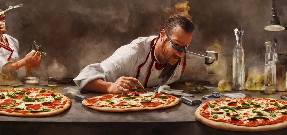 a chef making pizza using pipettes and weird tools,, Stable Diffusion