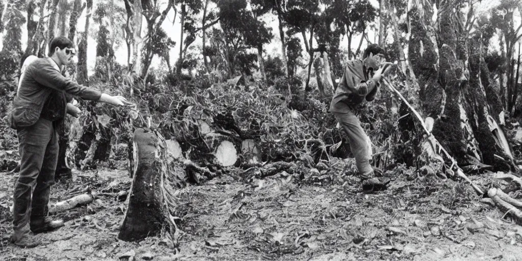 Prompt: bbc tv presenter louis theroux holding a microphone talking to men cutting down ancient kauri trees at great barrier island, new zealand. enormous giant logs in background 1 9 5 0's photograph